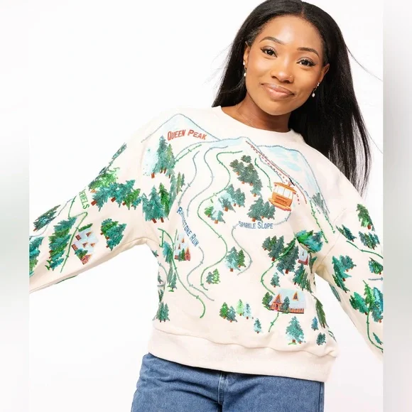 QUEEN OF SPARKLES Beige SPARKLE SLOPE Scenery Sweatshirt NWT L - Picture 1 of 5